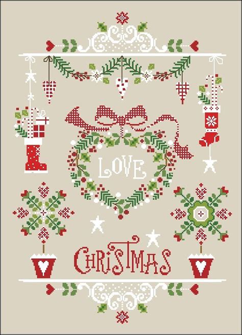 A Cross Stitch Pattern With The Words Love And Christmas Decorations