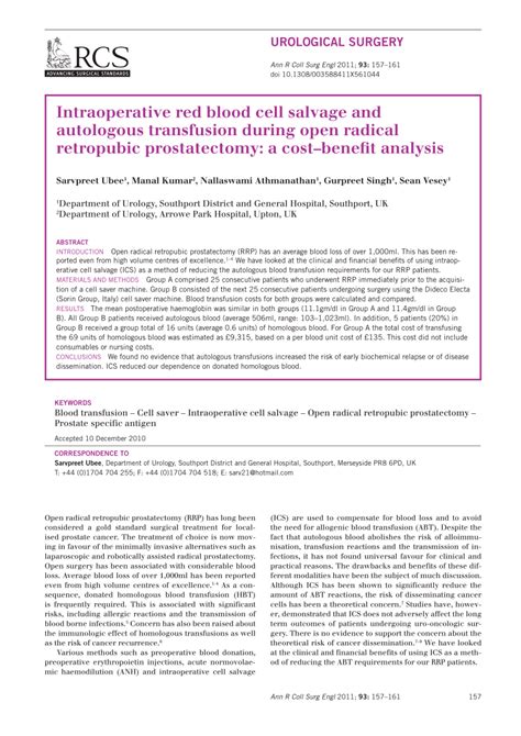 Pdf Intraoperative Red Blood Cell Salvage And Autologous Transfusion