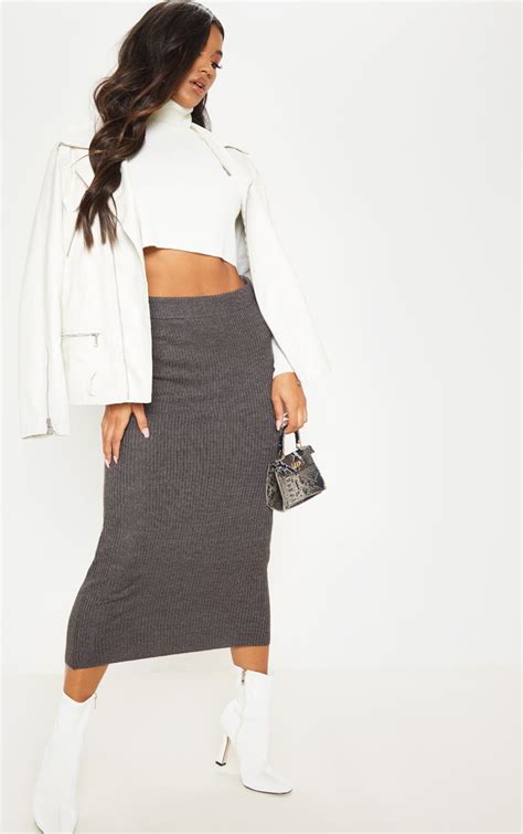 Grey Rib Knitted Midi Skirt Knitwear Prettylittlething