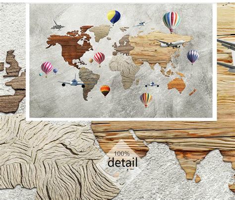 Custom Any Size Hot Air Balloon Wallpaper World Map Wall Etsy