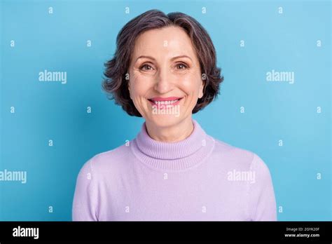 Photo Of Mature Cheerful Woman Happy Positive Toothy Smile Ceramic Veneers Isolated Over Blue