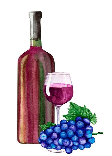 Garrafa De Vinho Aquarela E Vidro Ramo De Uvas Azuis Em Fundo