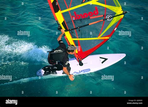 Single Male Windsurfer Gybe Turning On Red Sea At Ras Sudr Sinai Egypt