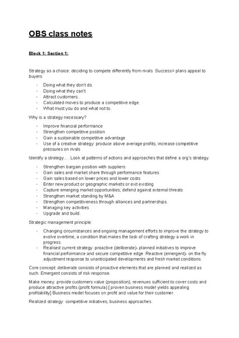 Obs Class Notes Summary Business Management Obs Class Notes Block