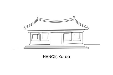 Single one line drawing Hanok traditional korean house in Korea. Traditional house concept ...