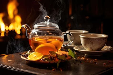 Premium AI Image Steamy Hot Herbal Tea Made From Dried Bael Fruit Boiled In Clear Teapot