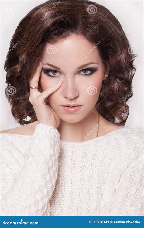 Fashion Brunette Woman With Brown Curly Hair Girl With Perfect Skin And Makeup Beauty Model