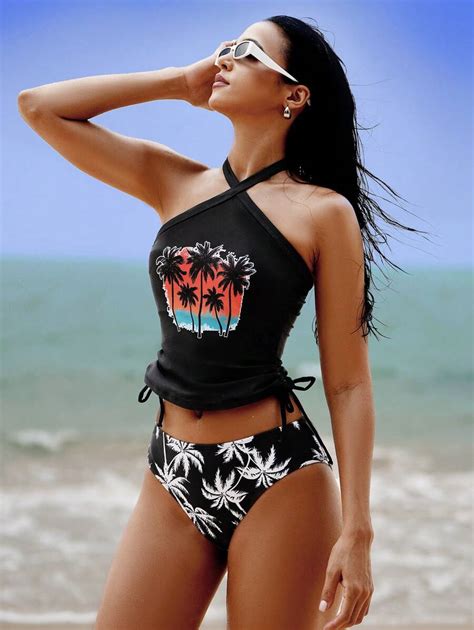 Women S Coconut Tree Print Halter Neck Bikini Set For Vacation And