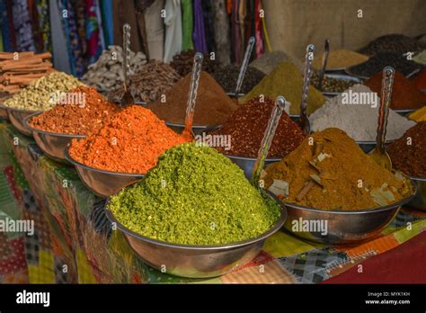 Indian Colorful Spices And Tea At Anjuna Flea Market In Goa India