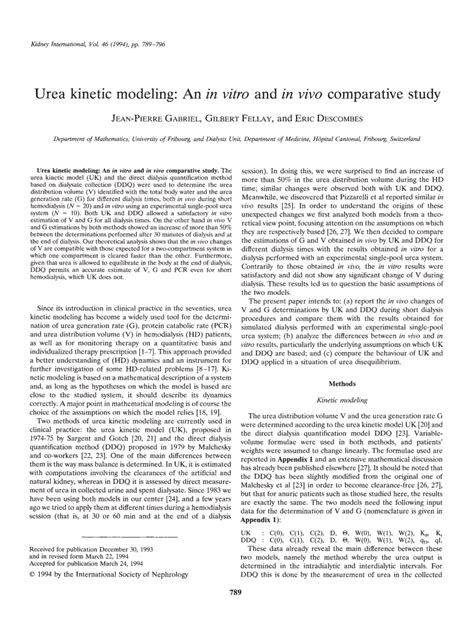 Pdf Urea Kinetic Modeling An In Vitro And In Vivo Comparative Study