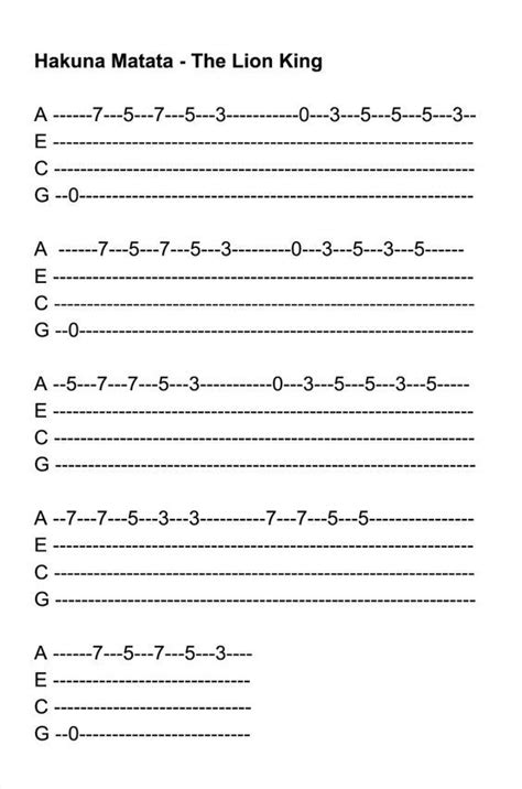 Hakuna Matata The Lion King Tab Ukulele Guitar Tabs Guitar