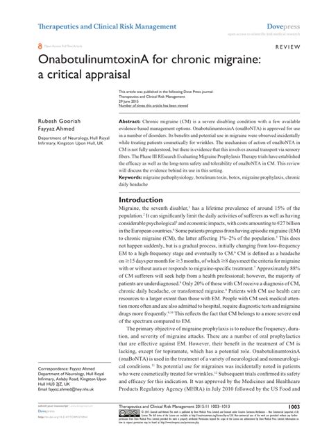 Pdf Onabotulinumtoxina For Chronic Migraine A Critical Appraisal