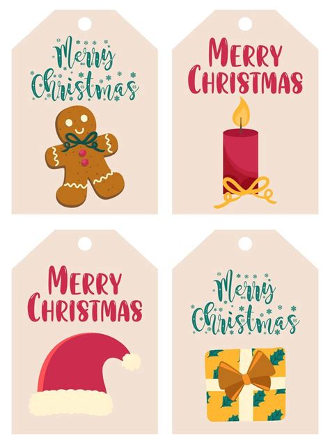 Four Christmas Gift Tags With Gingers And Gifts On Them One Has A Candle