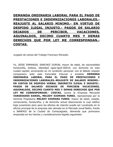 Demanda Laboral Demanda Laboral DEMANDA ORDINARIA LABORAL PARA EL