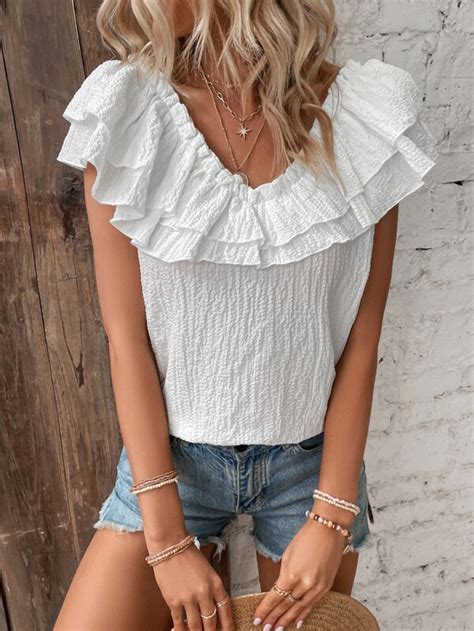 Shein Vcay Solid Ruffle Trim Blouse Shein Usa