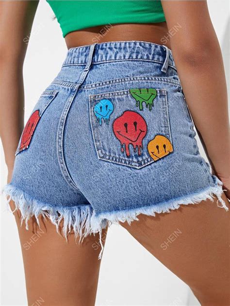 Shein Cartoon Face Print Ripped Raw Cut Denim Shorts Shein Uk