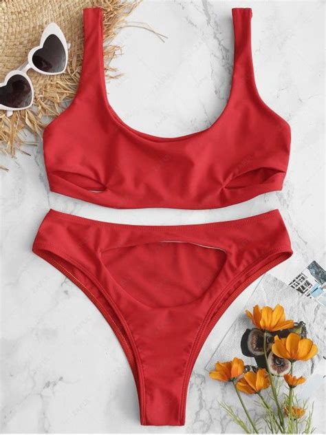 Off Zaful Cutout High Waisted Bralette Bikini Set In Fire