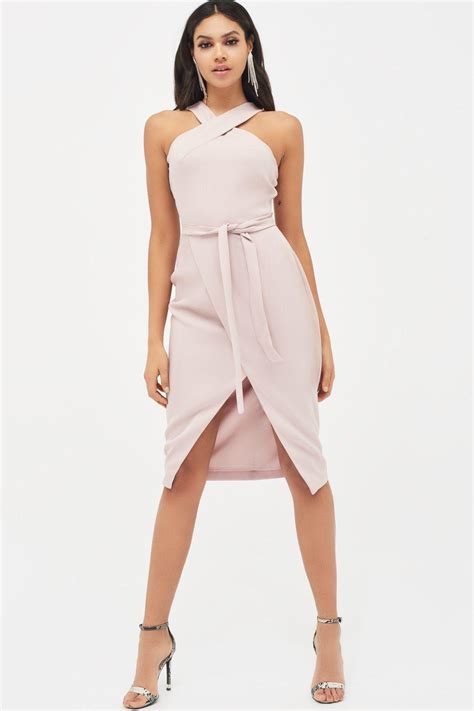 Lavish Alice Synthetic Halter Neck Wrap Front Midi Dress In Dusty Pink