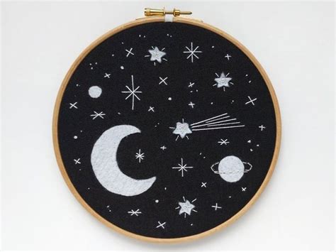 Night Sky Embroidery Hoop Art With The Moon Planets And A Shooting