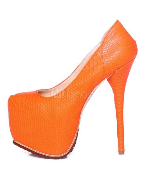 Orange Stiletto Heel Almond Toe Snake Print Pu Platform Pumps For Woman