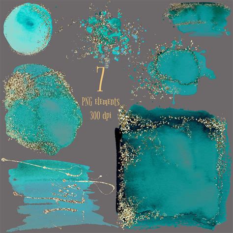 Teal With Gold Watercolor Splash And Brush Stroke Clipart Etsy UK