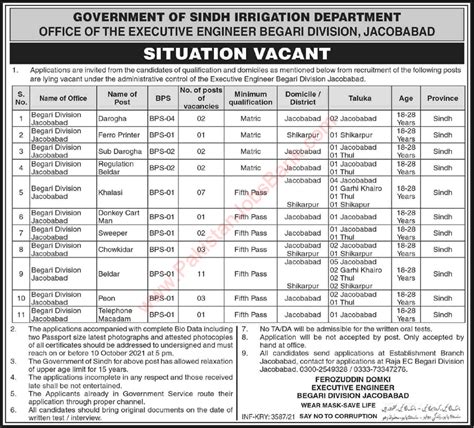 Irrigation Department Jacobabad Jobs 2021 September Begari Division