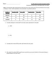 Calculating Gdp Practice Docx Name The Level Of Overall Economic