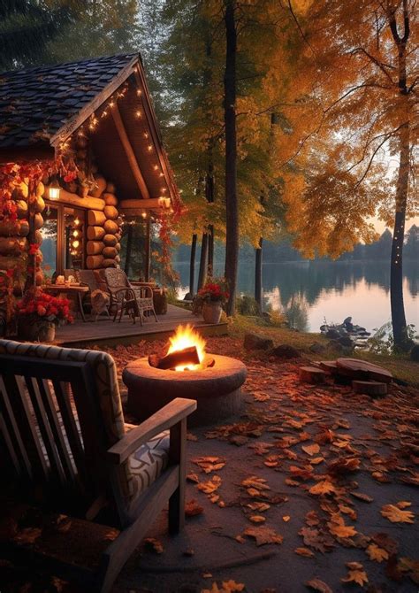 Cozy Log Cabin with Fire Pit and Autumn Leaves