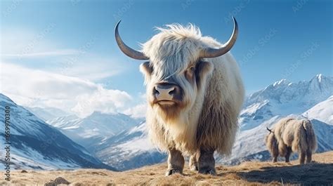 White Black Yak In Alpine Mountains Himalayan Big Yak In Beautiful