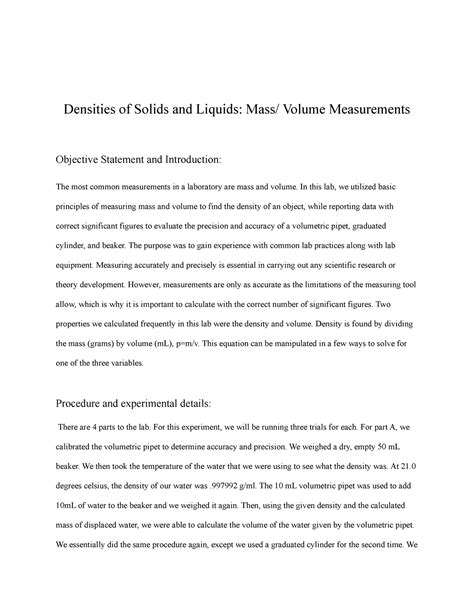 Experiment 1 Post Lab For Densities Of Solids And Liquids Lab