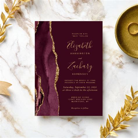 Budget Burgundy Red Gold Agate Wedding Invitation Zazzle