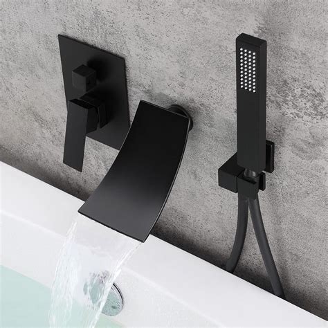 Shoop Waterfall Wall Mount Tub Filler Faucet Single Handle And Handshower Matte Black Tub Filler