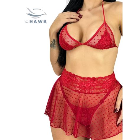 Conjunto Sexy Lingerie Feminino Sensual Fantasia Trio Saia Tule Suti Renda Calcinha Fio