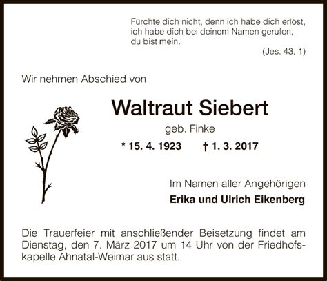 Traueranzeigen Von Waltraut Siebert Trauer Hna De