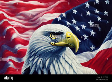 A Bald Eagle With A Flag In The Background Is Depicted In This Painting