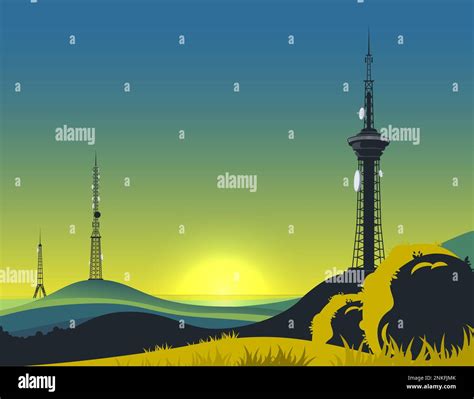 Communication Tower Landscape Composition With Sunset Scenery Clear Sky