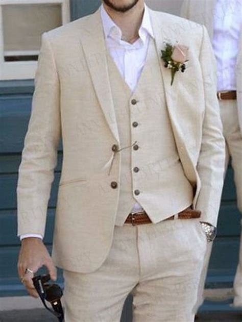 Mens Linen Suits Beach Wedding Beige 3 Piece Solid Colored Summer