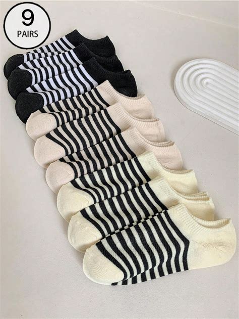 9 Pares Calcetines bajos con rayas al estilo japonés para mujeres