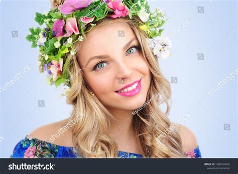 Young Woman Flowers Crown Beauty Model Stock Photo 1080554039