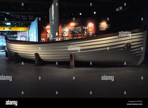 A replica lifeboat in Titanic Belfast visitor centre, Titanic Quarter ...