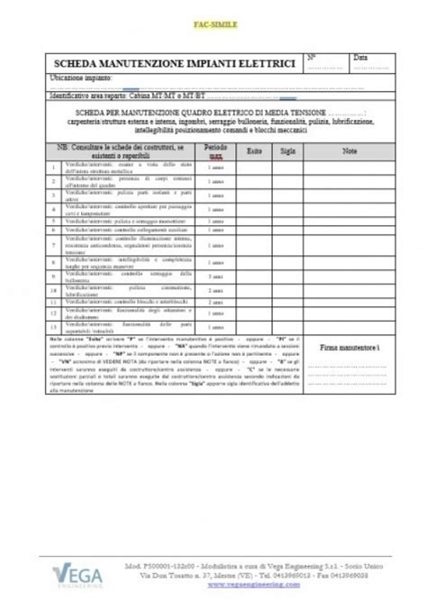 Fac Simile Schede Di Verifica Quadro Elettrico MT Vega Engineering