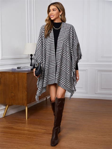 SHEIN Privé Manteau cape à pied de poule à franges ouvert Mode en