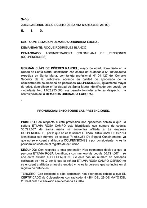 Contestacion Demanda Laboral Señor Juez Laboral Del Circuito De