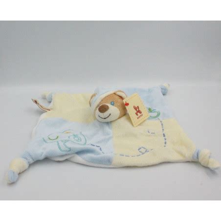 Doudou Plat Ours Blanc Bleu Pommes Nicotoy