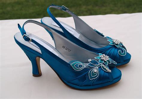 Teal Wedding Shoes Peacock Satin Heels Hand Embellished Organza Flowers