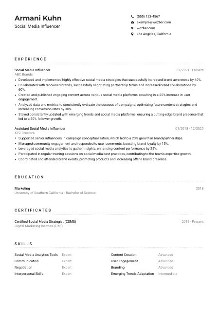 Social Media Influencer Resume Example