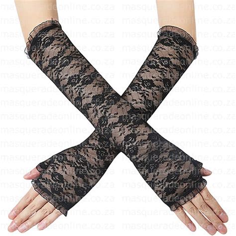 Long Black Fingerless Lace Gloves Masquerade Costume Hire