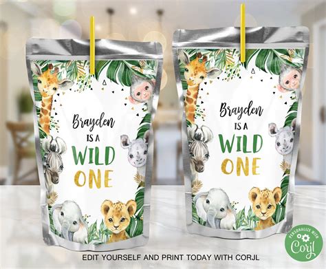 Editable Jungle Wild One Capri Sun Label Jungle Boy 1st Etsy Canada