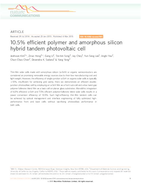 Pdf 10 5 Efficient Polymer And Amorphous Silicon Hybrid Tandem Photovoltaic Cell Jay Chey