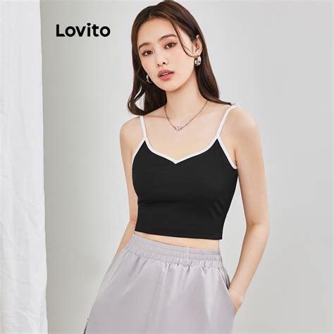 Lovito Women Casual Plain Contrast Binding Crop Tank Top L65ED040